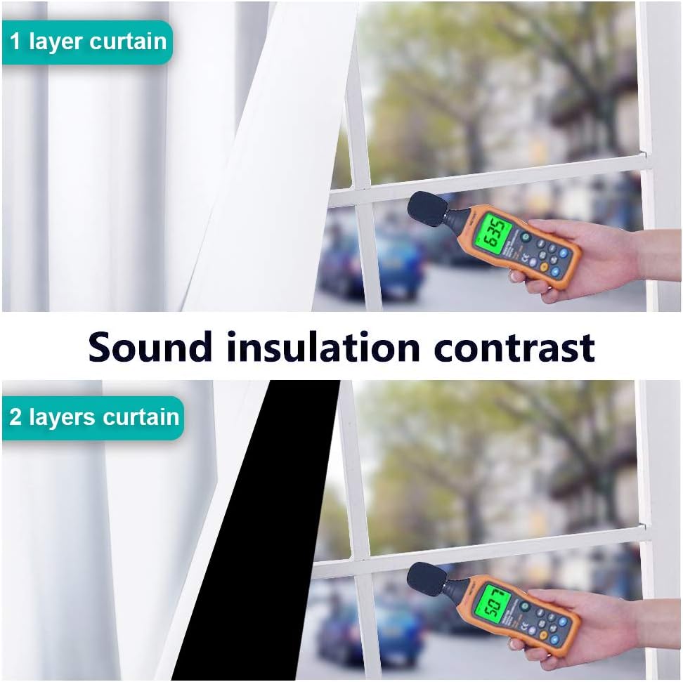 Comparison showing white sound insulating curtains: 1 layer at 63.5 dB, 2 layers reducing noise to 50.7 dB.