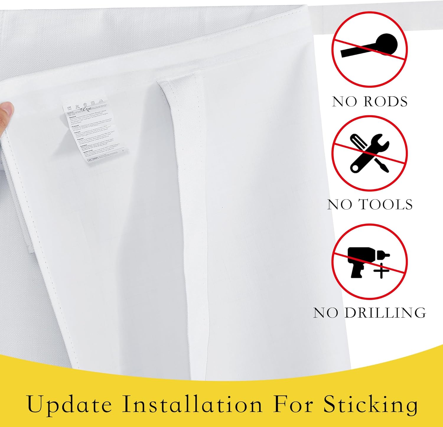 White fabric blackout window blind with care label. Easy installation: no rods, tools, or drilling.
