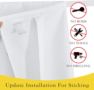 White fabric blackout window blind with care label. Easy installation: no rods, tools, or drilling.