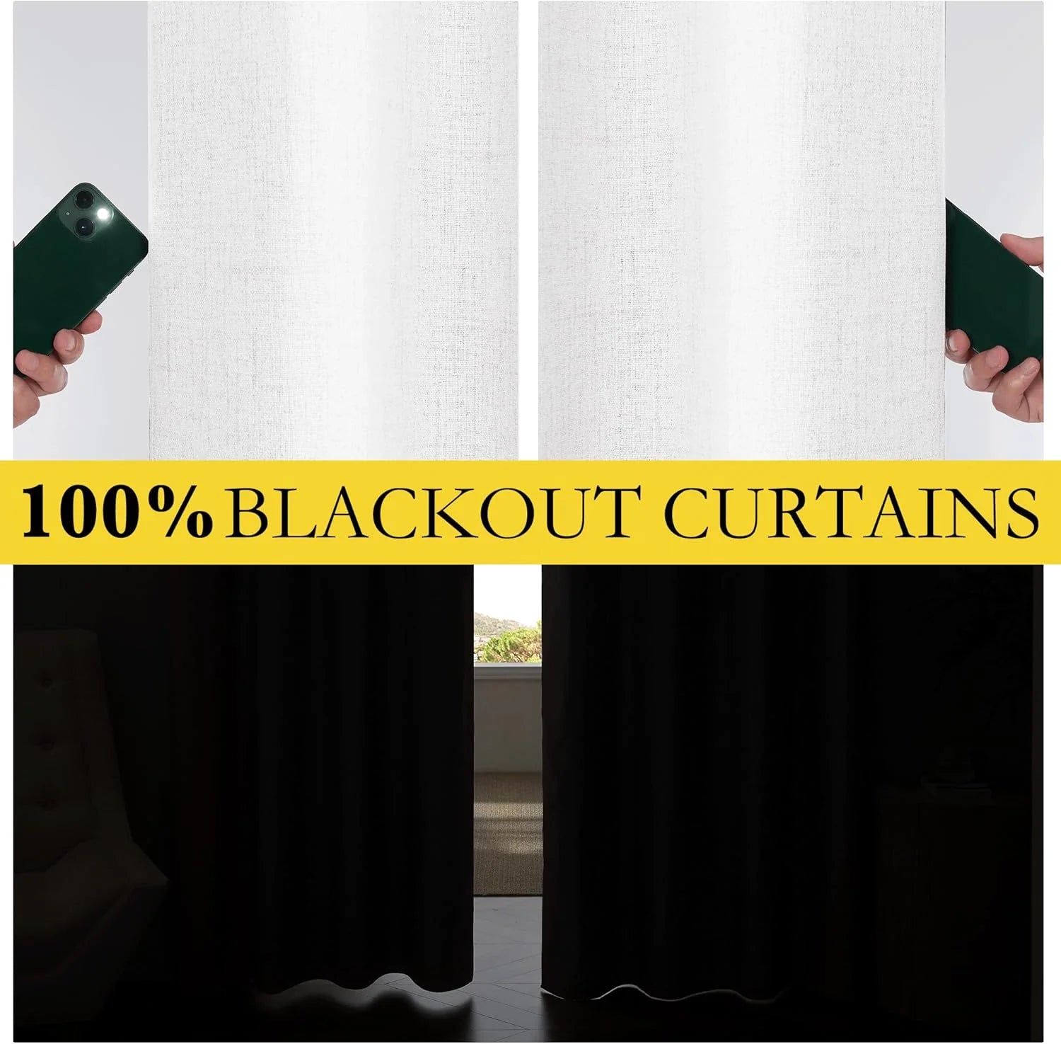White textured blackout curtains shown blocking flashlight and window light