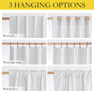 White textured curtains show three versatile hanging options: back tab, clip rings, and rod pocket.