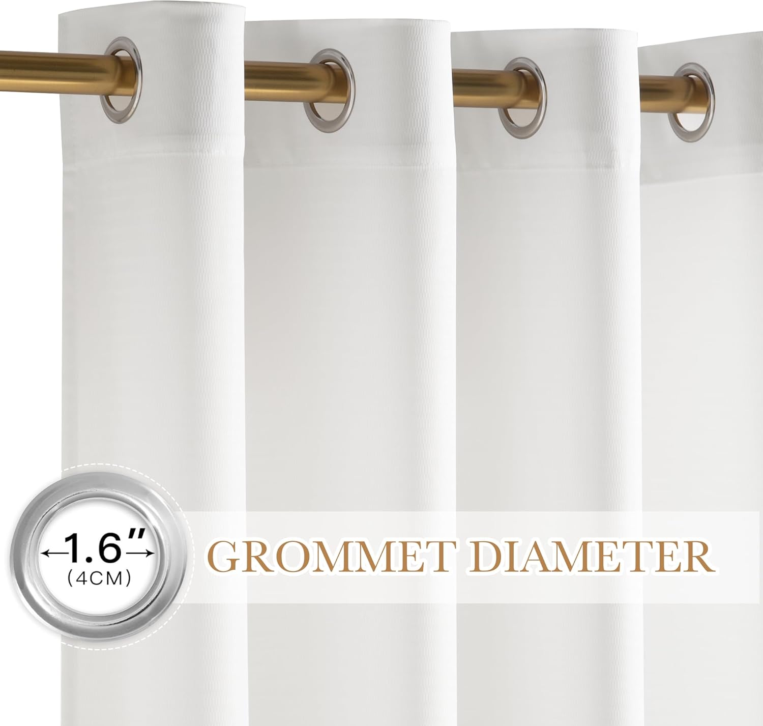 White textured fabric curtains with silver grommet tops on a golden rod, highlighting 1.6-inch diameter.