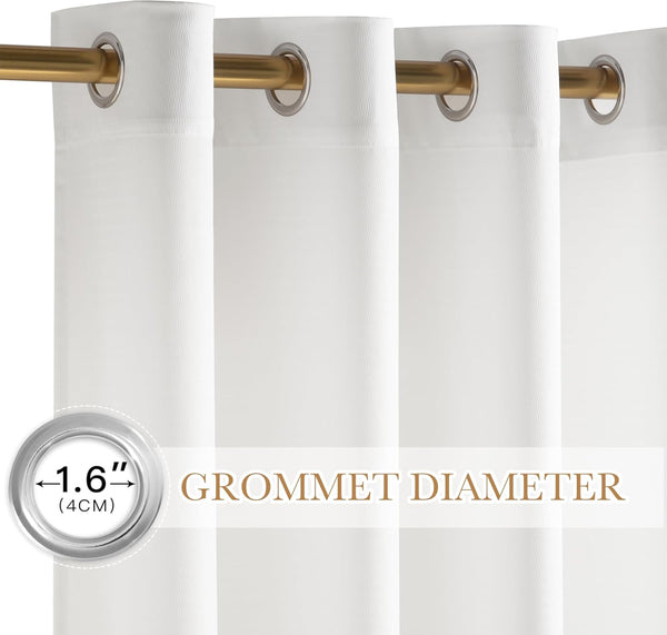 White textured fabric curtains with silver grommet tops on a golden rod, highlighting 1.6-inch diameter.