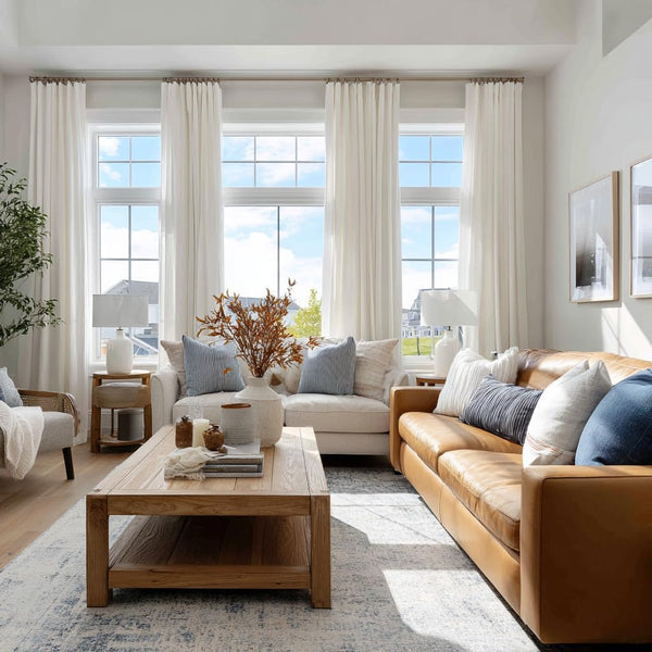 White textured linen drapes hang from a gold rod across large windows in a bright living room.