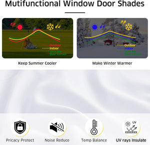 White multifunctional window door shade. Features thermal insulation, privacy, noise reduction, and UV protection.