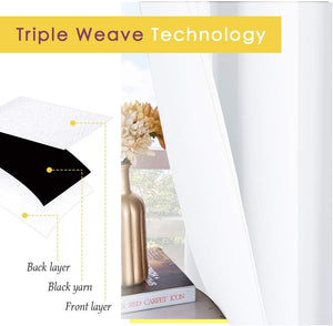 White triple weave blackout curtain diagram, showing layered fabric with black yarn. White curtain hanging.