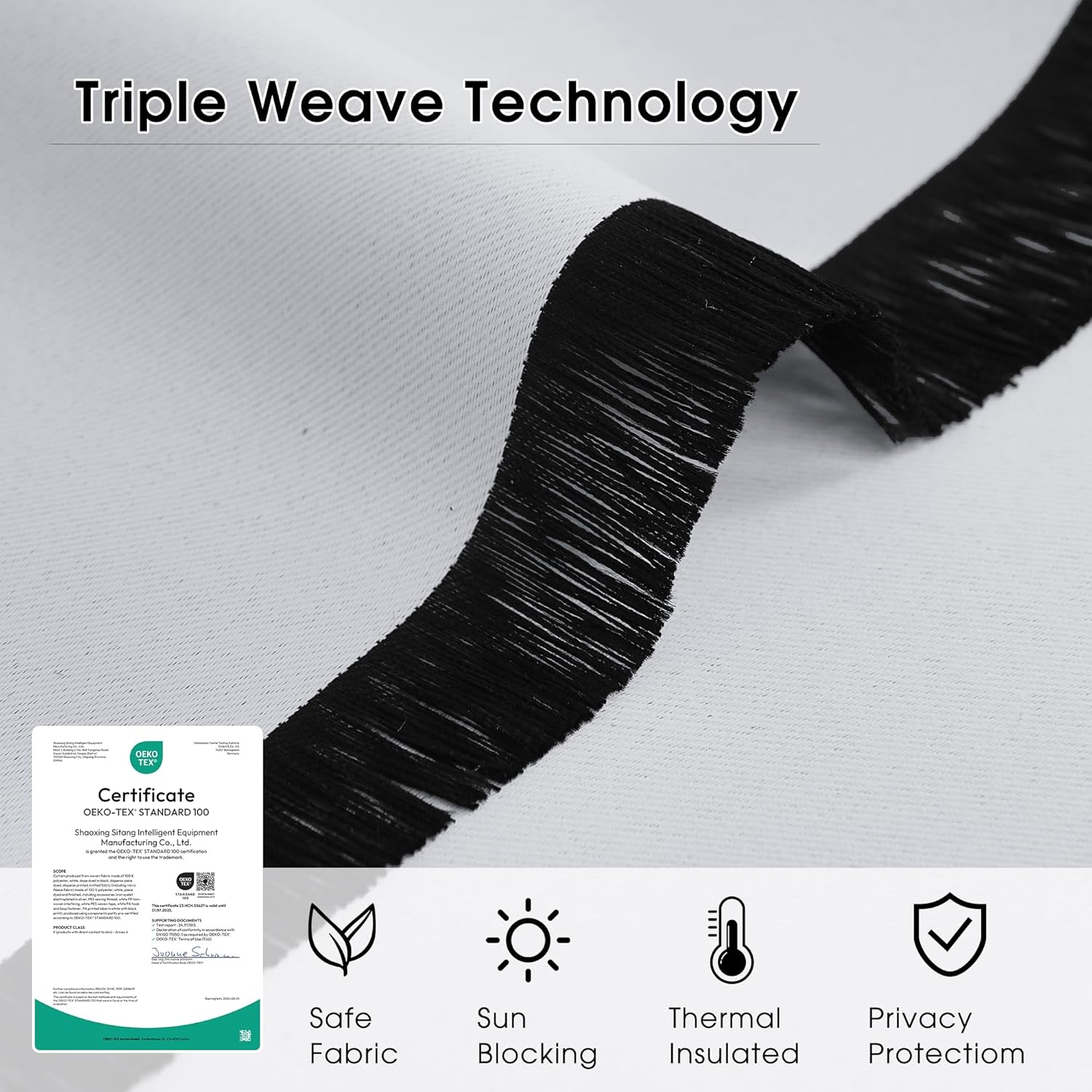 White triple weave fabric showing black inner layer for sun blocking and thermal insulation.