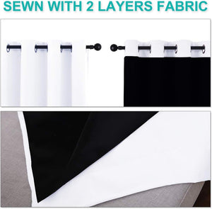 White grommet top curtains showing two layers of fabric with a black inner lining for blackout.
