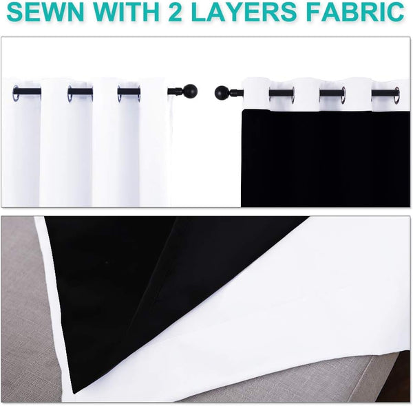 White grommet top curtains showing two layers of fabric with a black inner lining for blackout.
