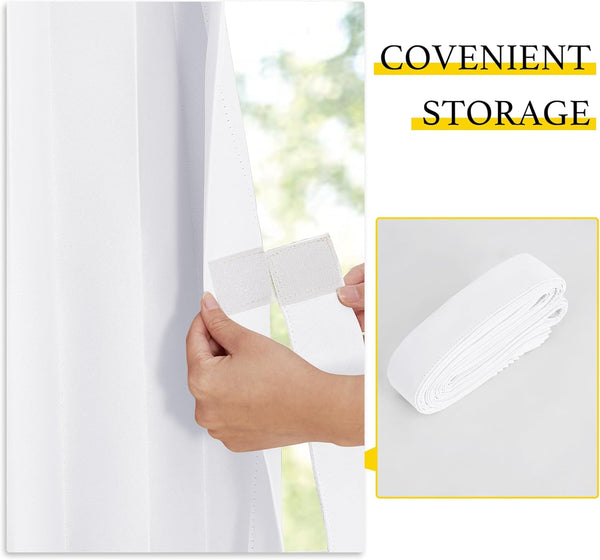 Hand secures white hook-and-loop strap around white vertical blind. Rolled strap for easy storage.