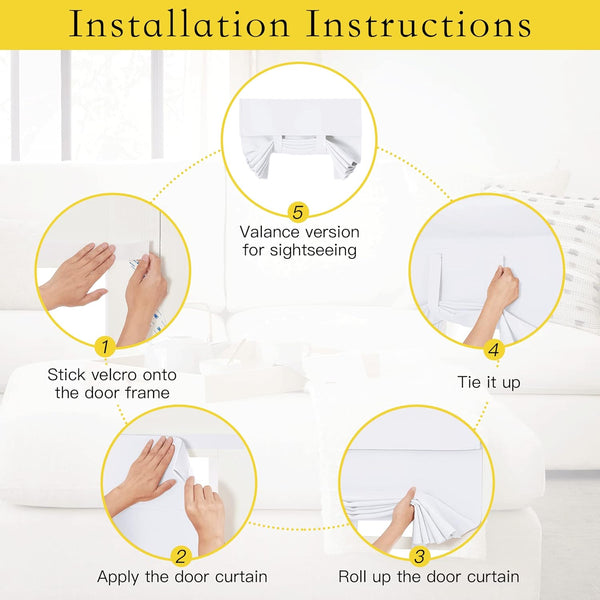 Diagram illustrating 5 steps for installing a white velcro-mounted roman door blind or curtain, showing application, rolling, and tying.