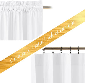 White velvet curtain showing two installation methods: gathered rod pocket and clip rings on a wooden rod.