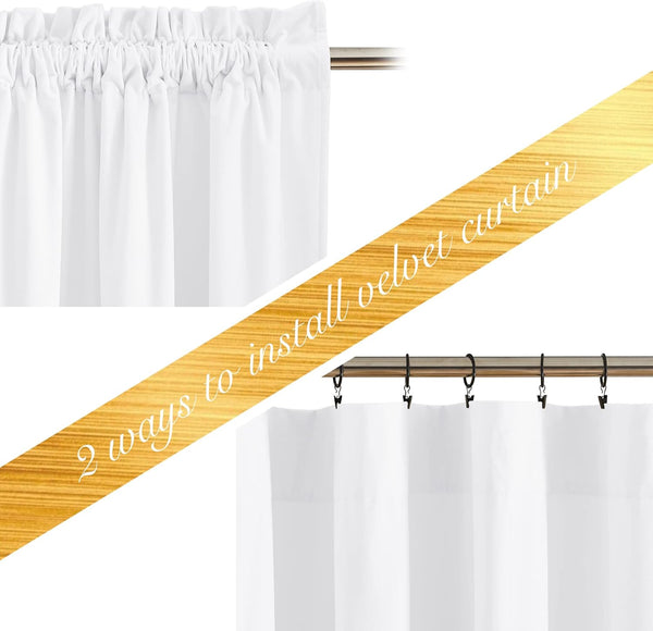 White velvet curtain showing two installation methods: gathered rod pocket and clip rings on a wooden rod.