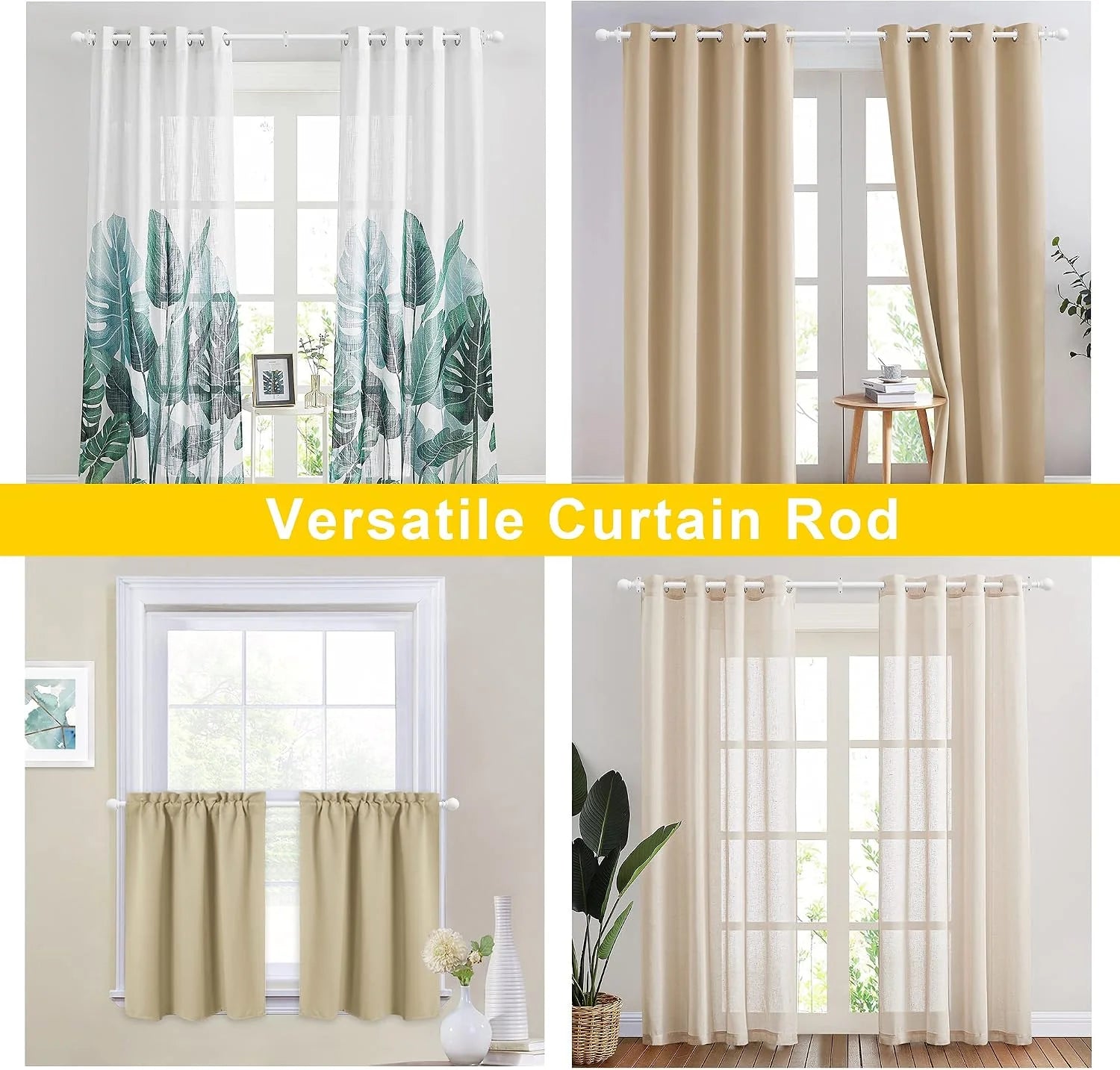 Collage showing white curtain rod with sheer, blackout and cafe curtains on windows