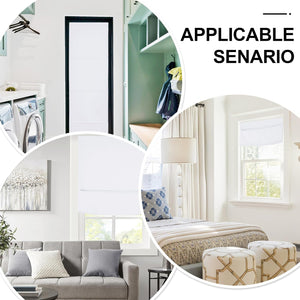 White fabric window shades offering light control, displayed in various home settings like a bright bedroom and a modern living room.