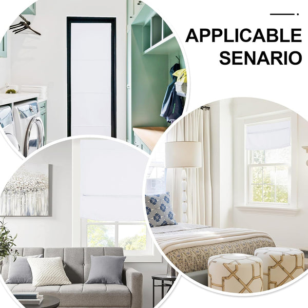 White fabric window shades offering light control, displayed in various home settings like a bright bedroom and a modern living room.