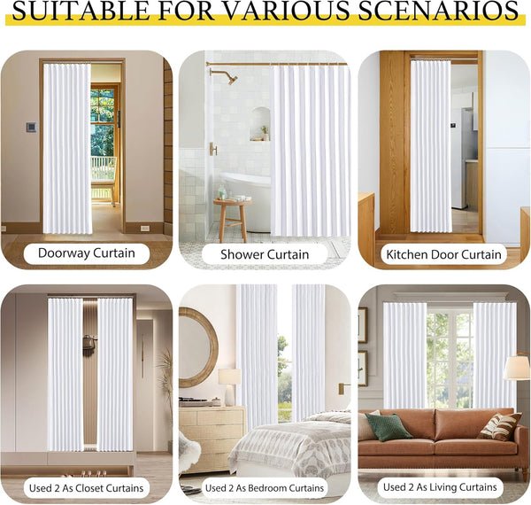 White versatile pleated curtain panels hanging in neat vertical folds, suitable for various room uses.