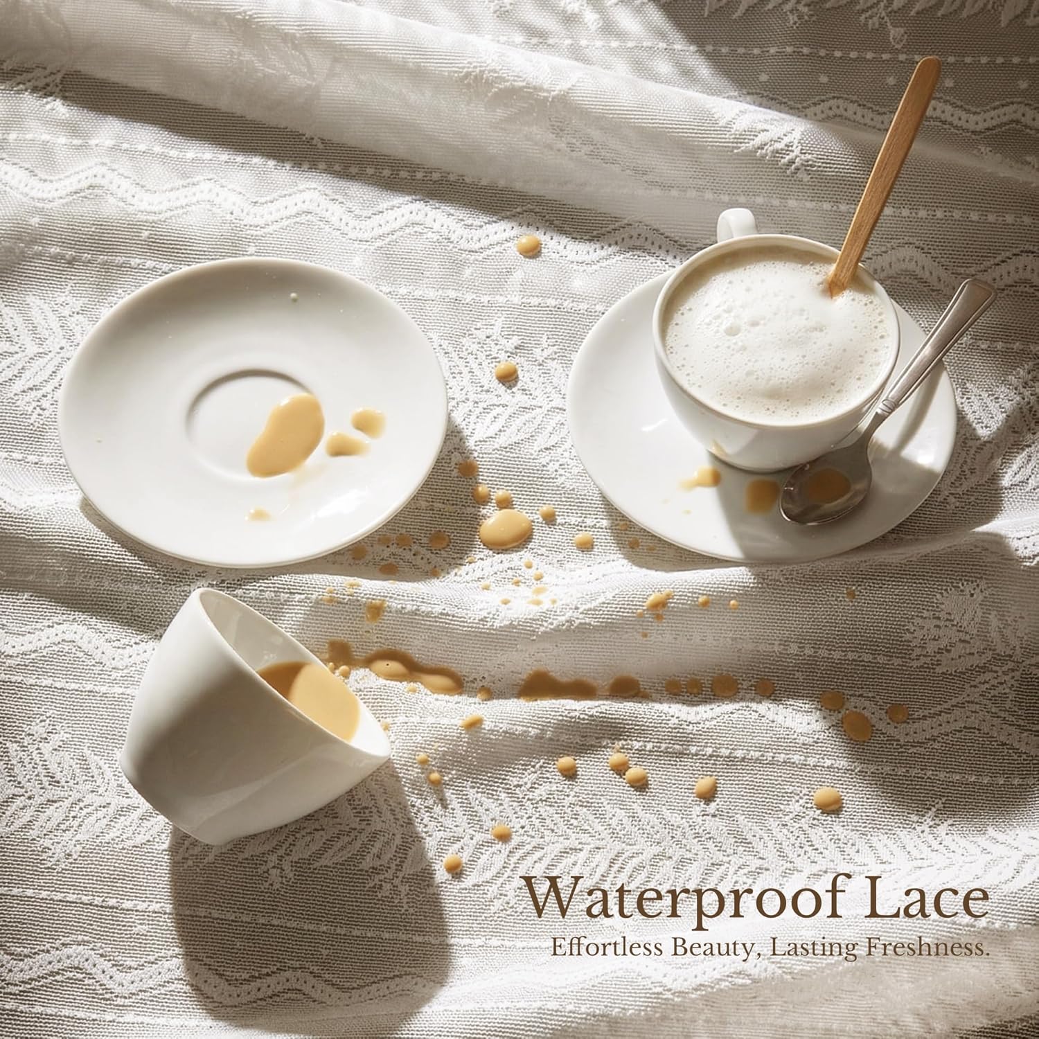 White lace tablecloth with spilled coffee beading on its surface, highlighting waterproof and stain-resistant features.
