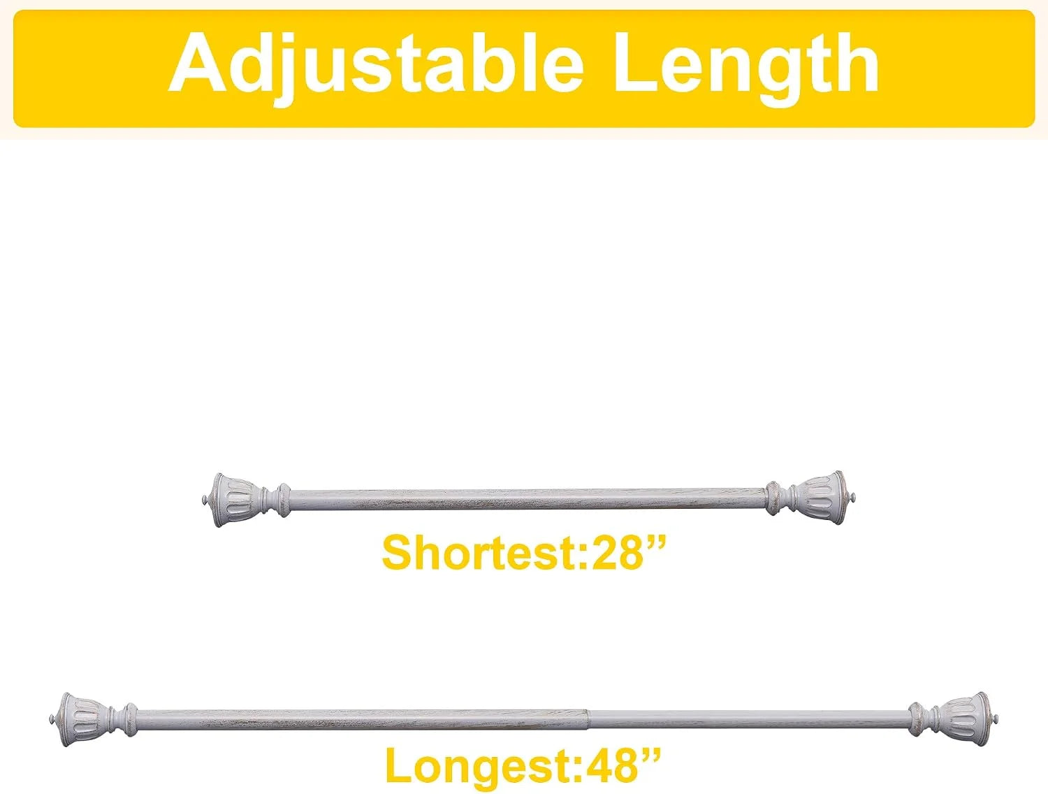 White wood adjustable curtain rod shown at 28-inch and 48-inch lengths