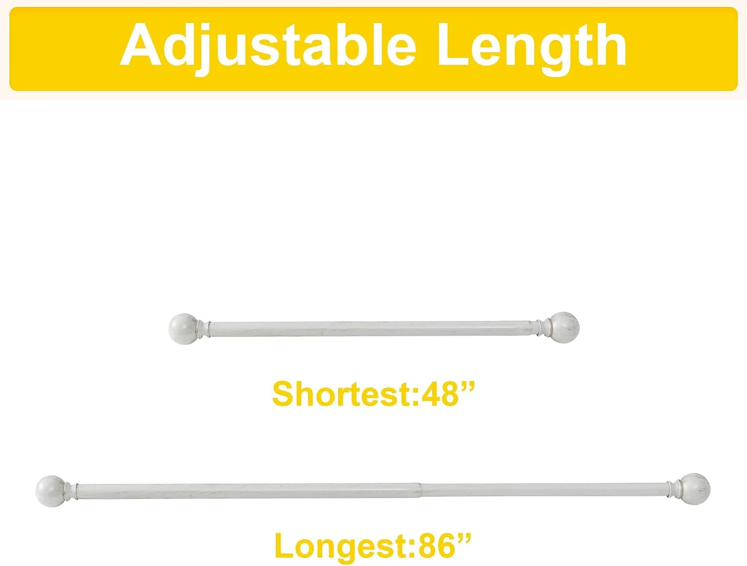 White wooden adjustable curtain rod shown at 48 inch and 86 inch lengths