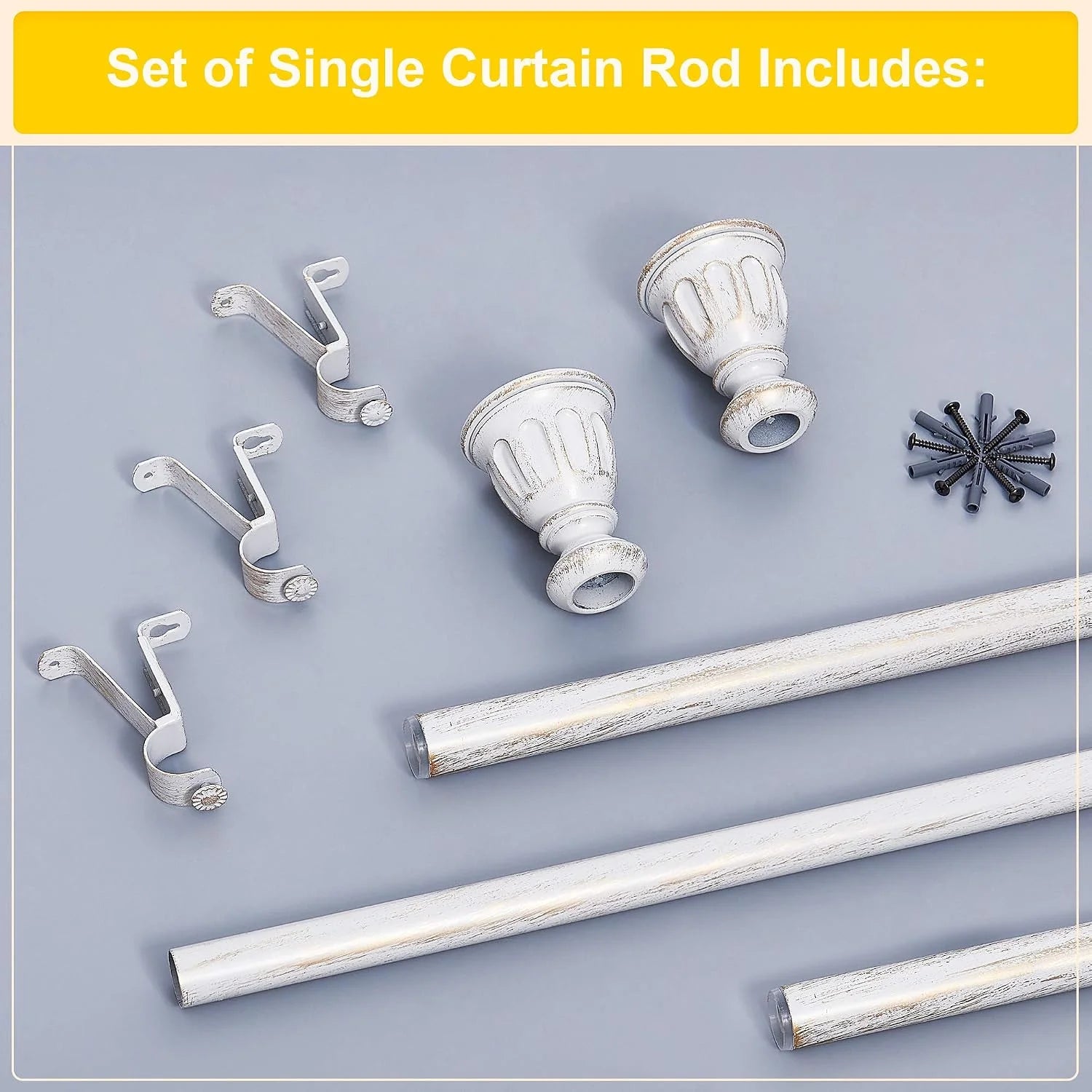 Whitewashed single curtain rod set with brackets, finials, screws, and anchors