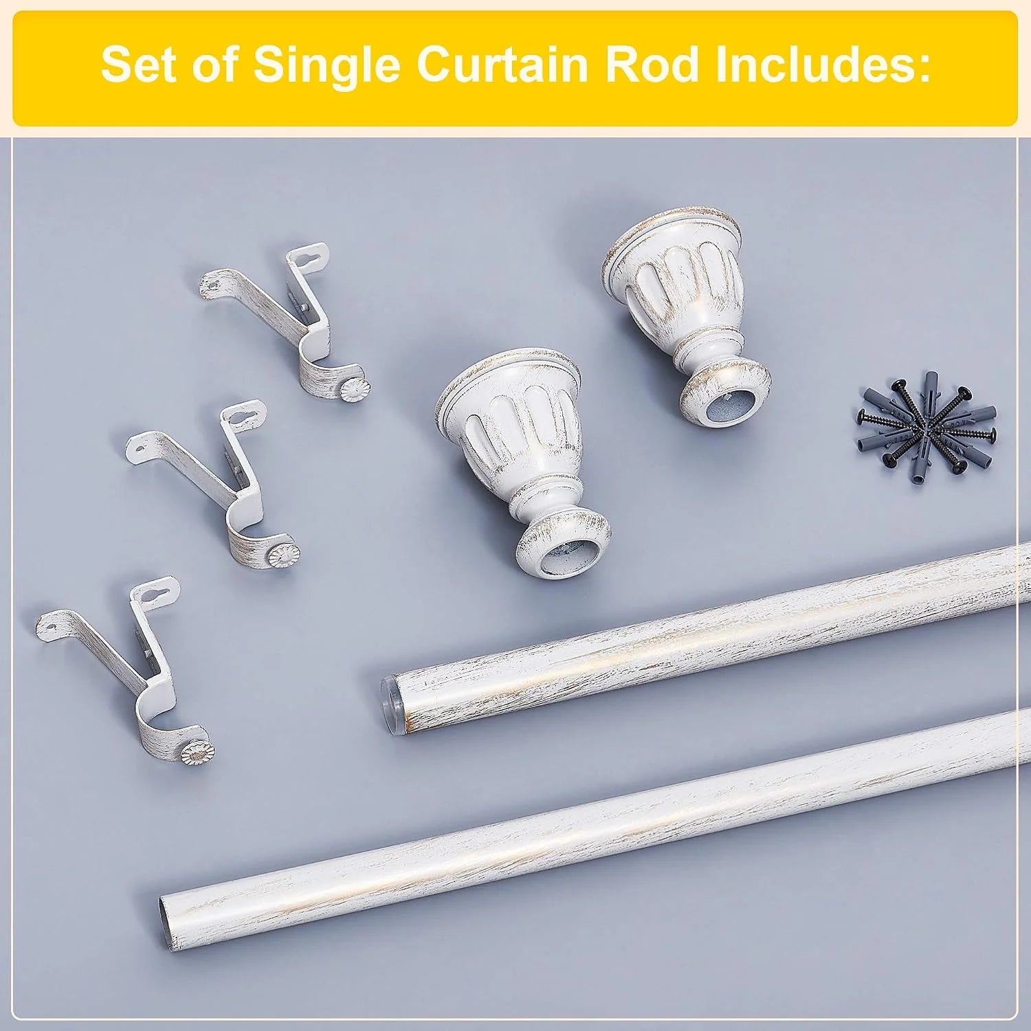 Whitewashed wood single curtain rod set with finials, brackets, screws and anchors