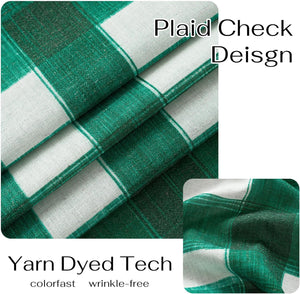 Close-up of vibrant green and white yarn-dyed plaid fabric, showing its textured weave and colorfast design.