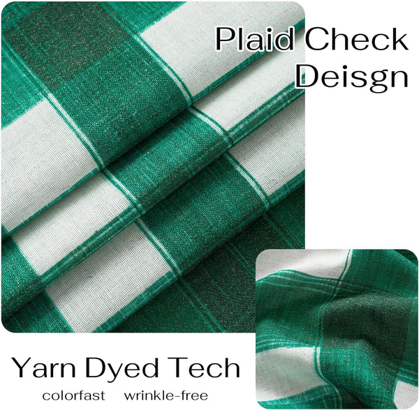 Close-up of vibrant green and white yarn-dyed plaid fabric, showing its textured weave and colorfast design.