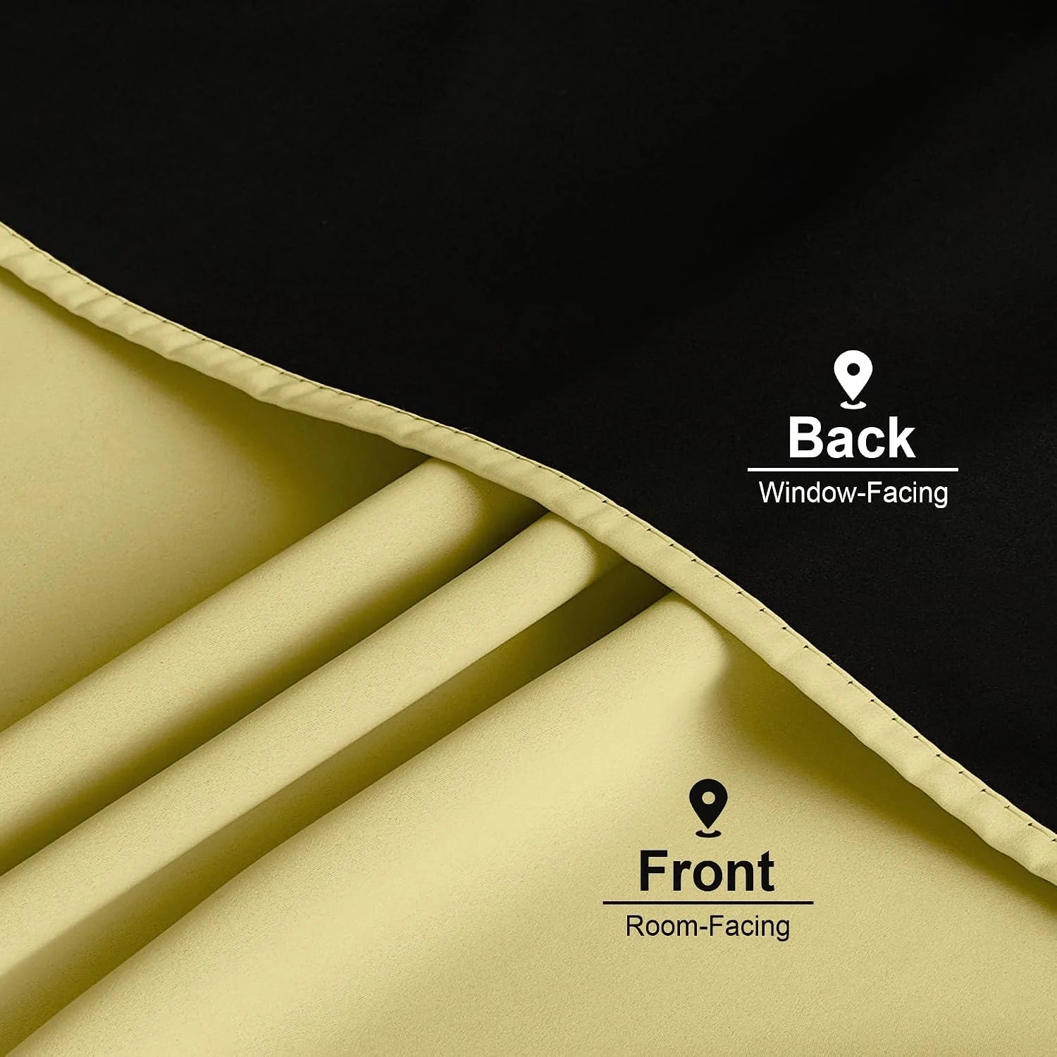 Close-up of yellow blackout curtain fabric showing front room-facing side and black backing