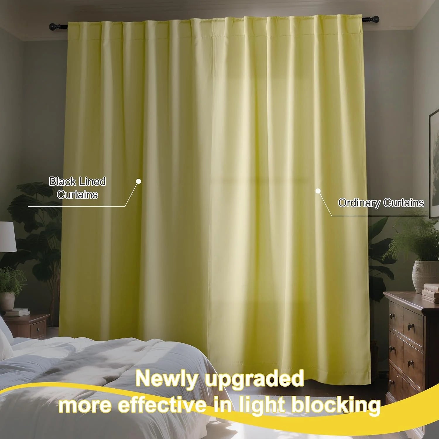 Pale yellow black lined curtains hanging in a bedroom, compared with ordinary curtains