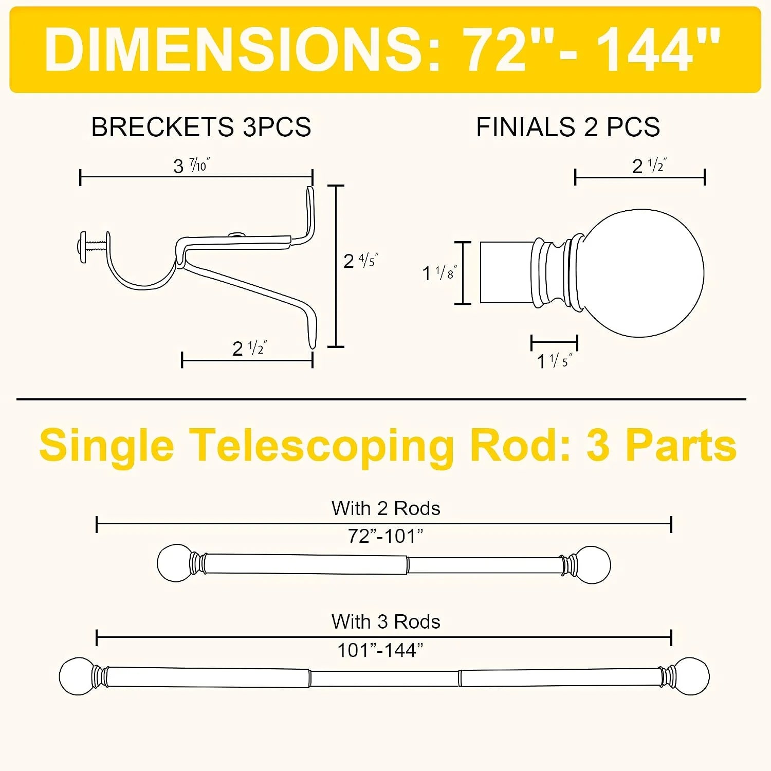 Curtain rod dimensions chart showing brackets, finials, and telescoping rod parts