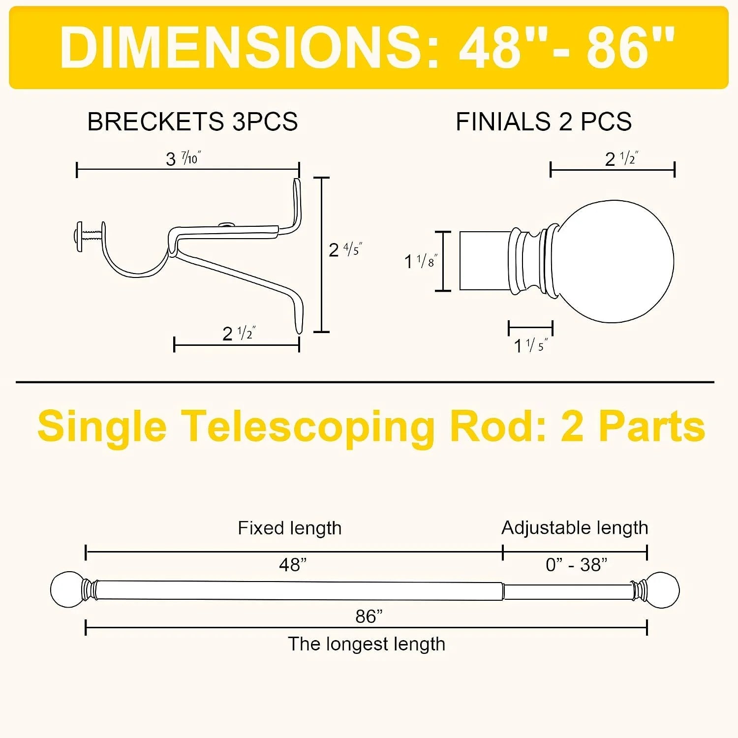 Yellow curtain rod dimensions chart showing 48 to 86 inch telescoping rod, brackets, and finials