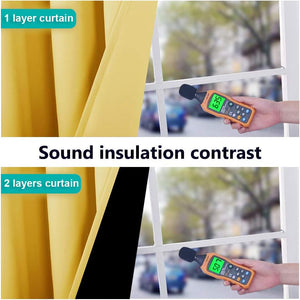 Demonstration of yellow double layer soundproof curtains reducing street noise from 63.5 dB to 50.7 dB.