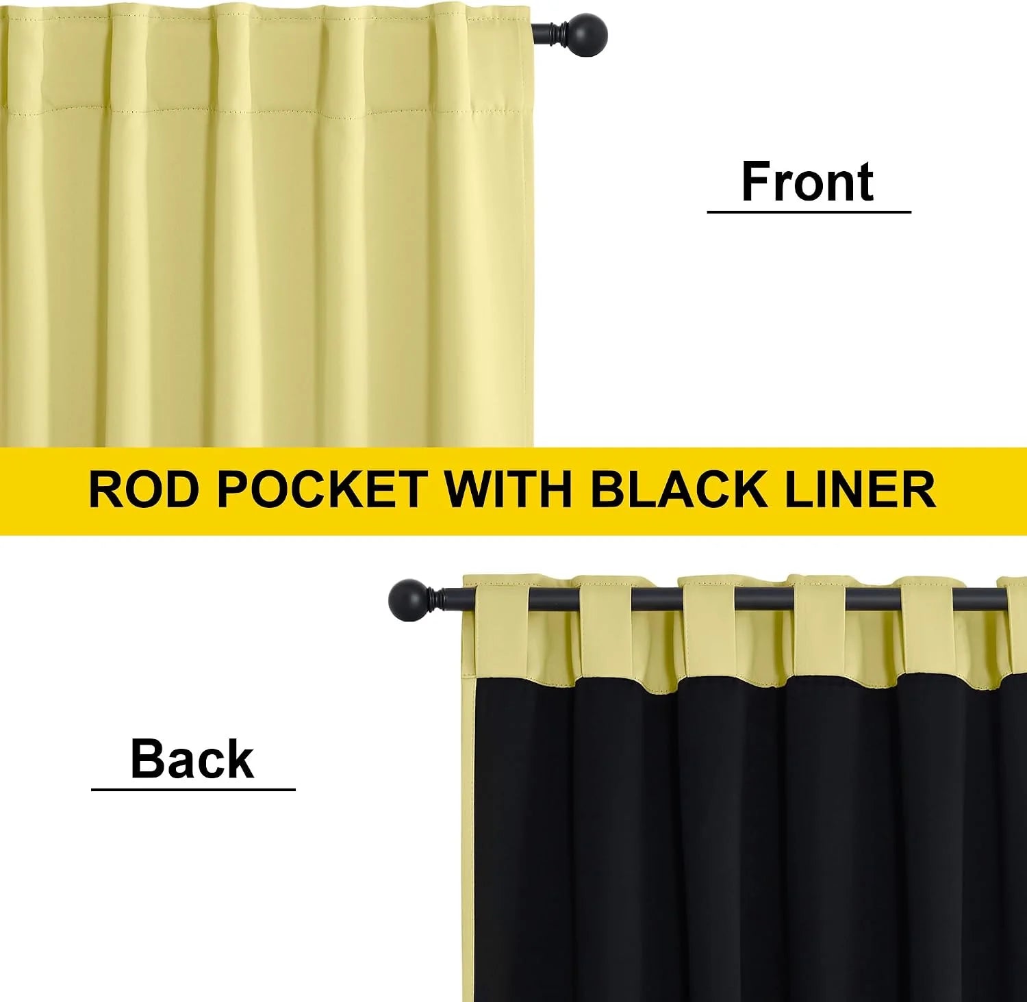 Yellow rod pocket curtain panel shown front and back with black blackout liner