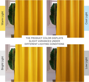 Mustard yellow curtain panel showcasing color variations under warm, cool, bright, and low light.