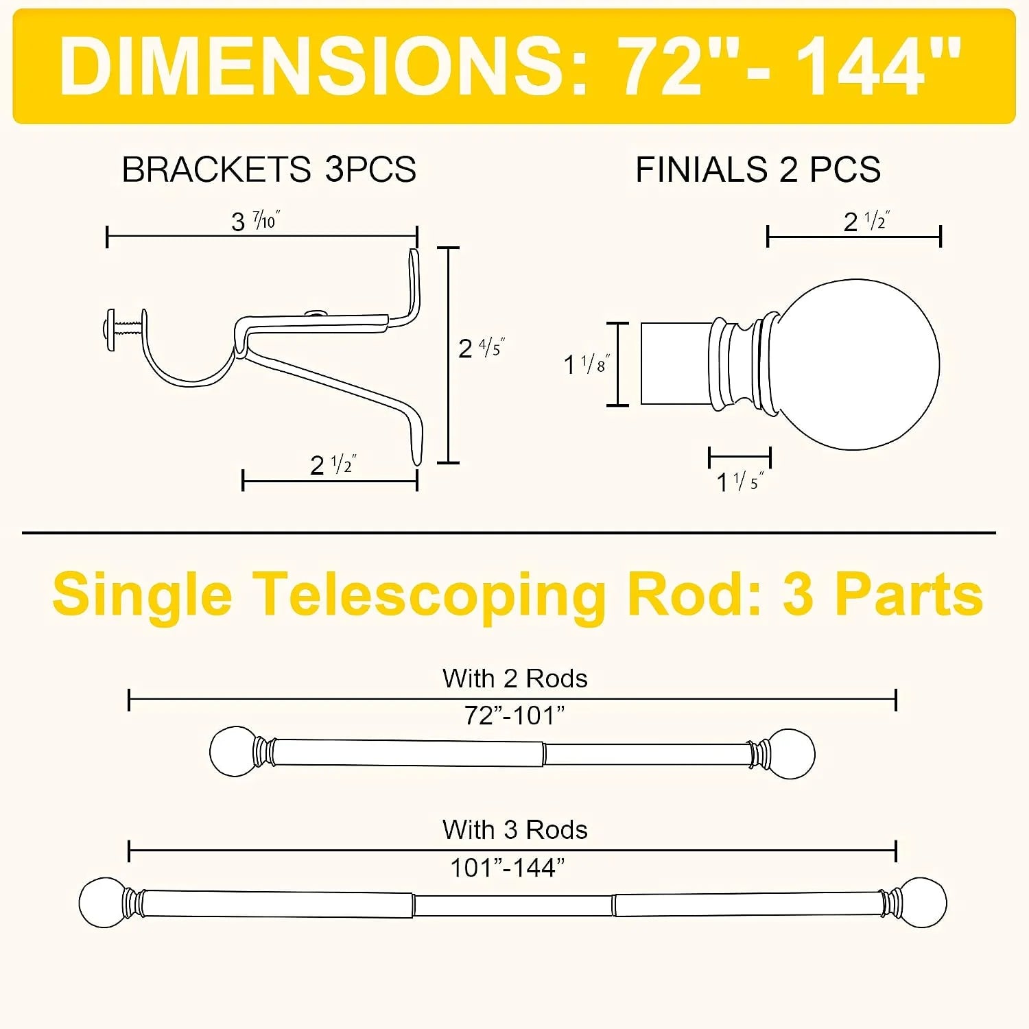 Curtain rod dimensions chart showing brackets, finials, and telescoping rod sizes