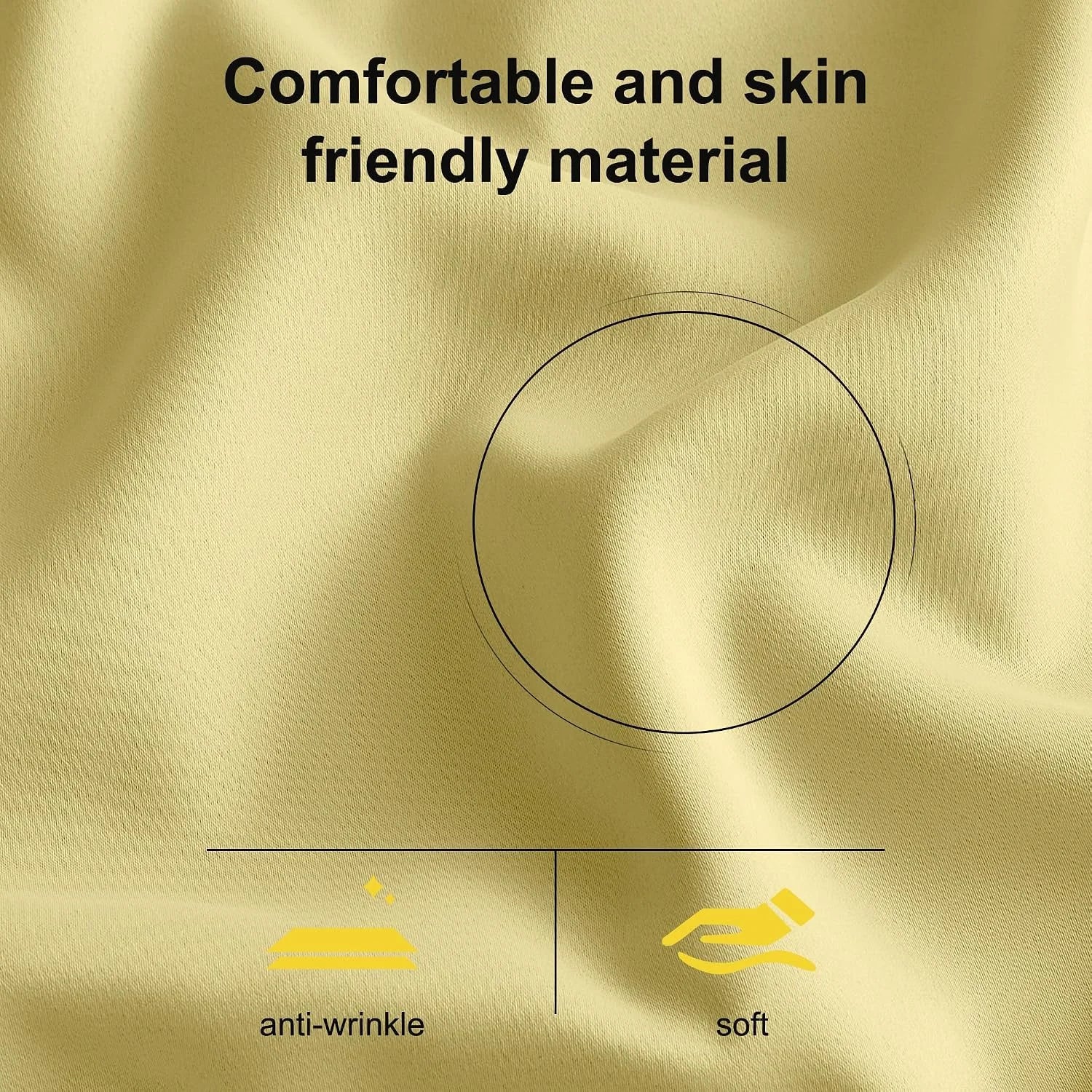 Close-up of soft yellow fabric with anti-wrinkle texture and skin-friendly material text