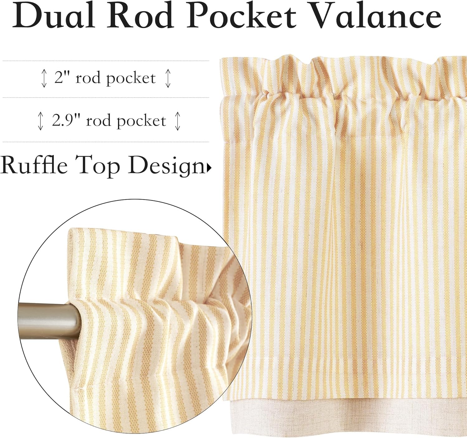 Vertical cream and yellow striped valance with a ruffled top and dual rod pocket.
